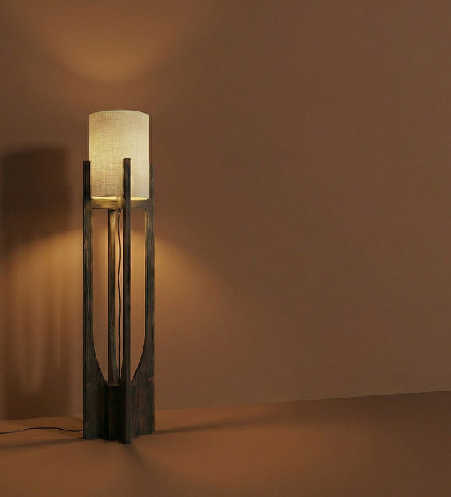 Solitaire Wooden Floor Lamp with Brown Base and Beige Fabric Lampshade
