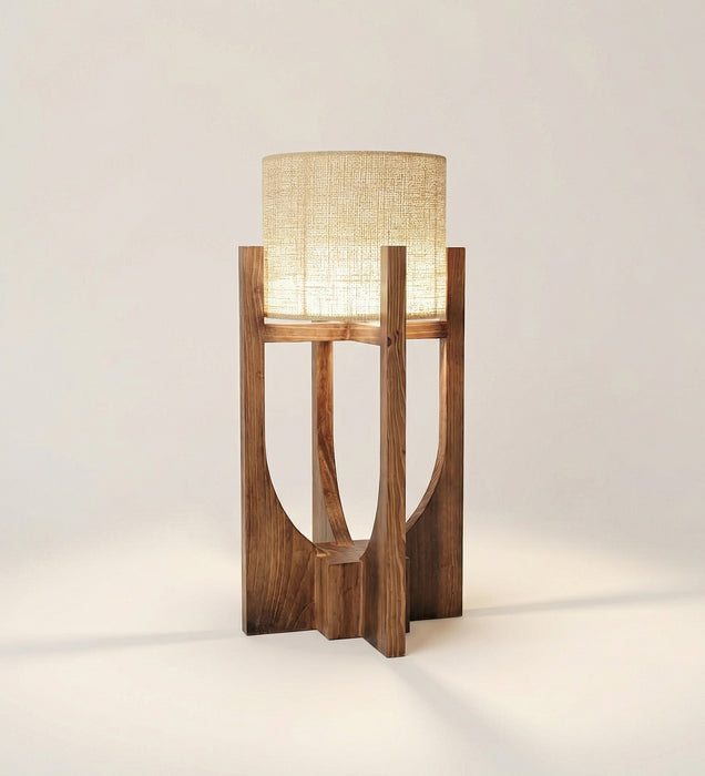 Solitaire Wooden Table Lamp with Brown Base and Yellow Fabric Lampshade