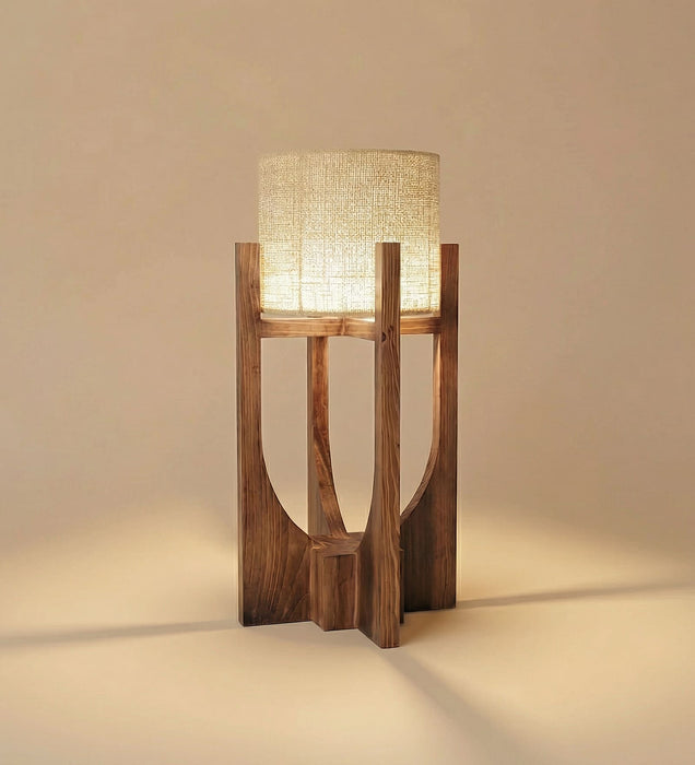 Solitaire Wooden Table Lamp with Brown Base and Yellow Fabric Lampshade