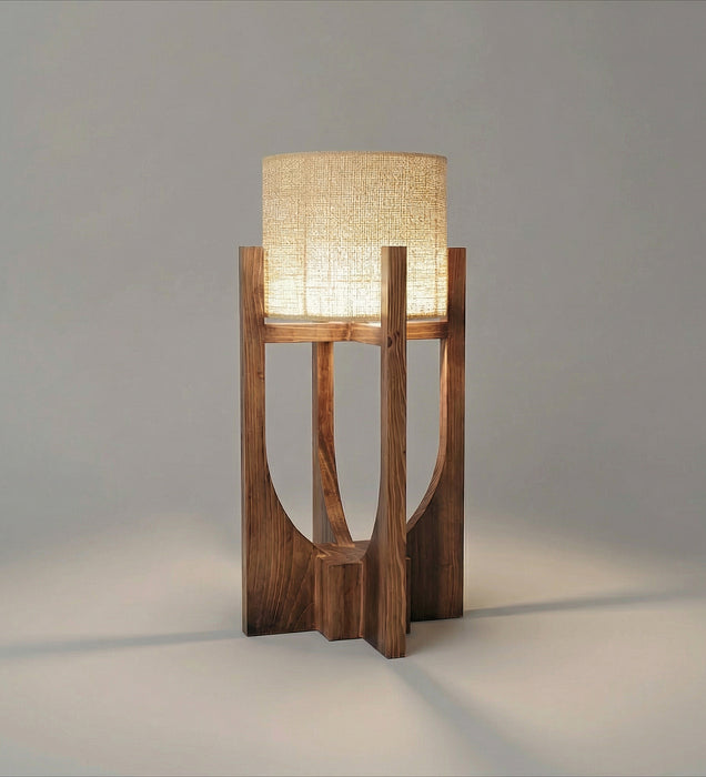 Solitaire Wooden Table Lamp with Brown Base and Yellow Fabric Lampshade