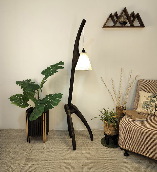 Species Wooden Floor Lamp with Brown Base and Jute Fabric Lampshade