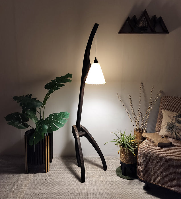 Species Wooden Floor Lamp with Brown Base and Jute Fabric Lampshade