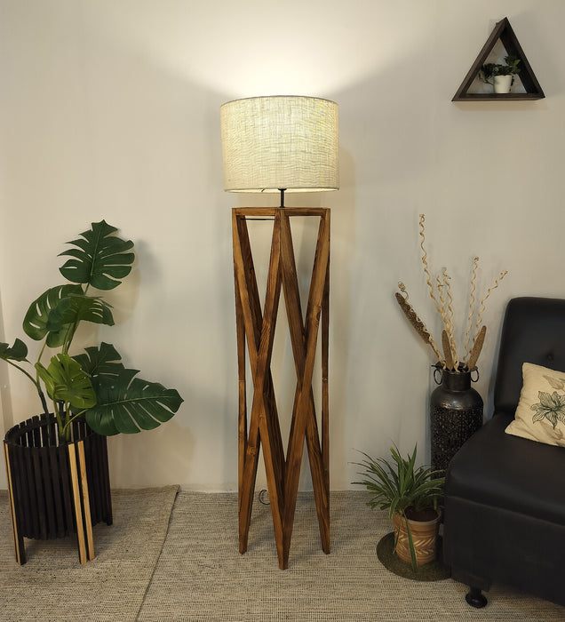 Spectre Wooden Floor Lamp with Brown Base and Jute Fabric Lampshade