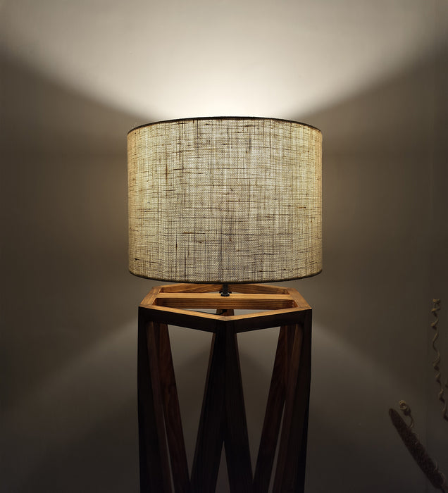 Spectre Wooden Floor Lamp with Brown Base and Jute Fabric Lampshade