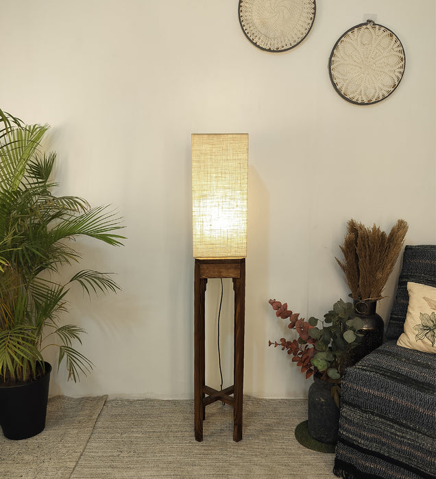Sputnik Wooden Floor Lamp with Brown Base and Beige Fabric Lampshade
