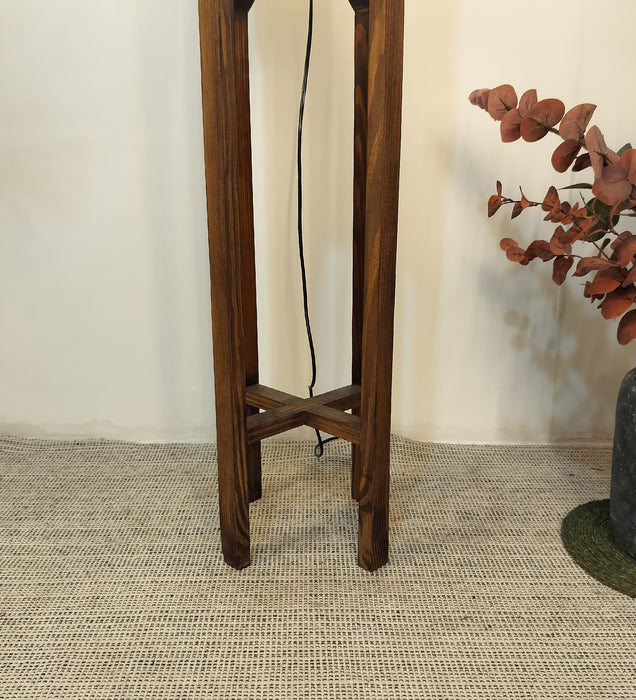 Sputnik Wooden Floor Lamp with Brown Base and Beige Fabric Lampshade