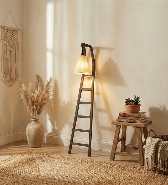 Stairway Wooden Floor Lamp with Brown Base and Jute Fabric Lampshade