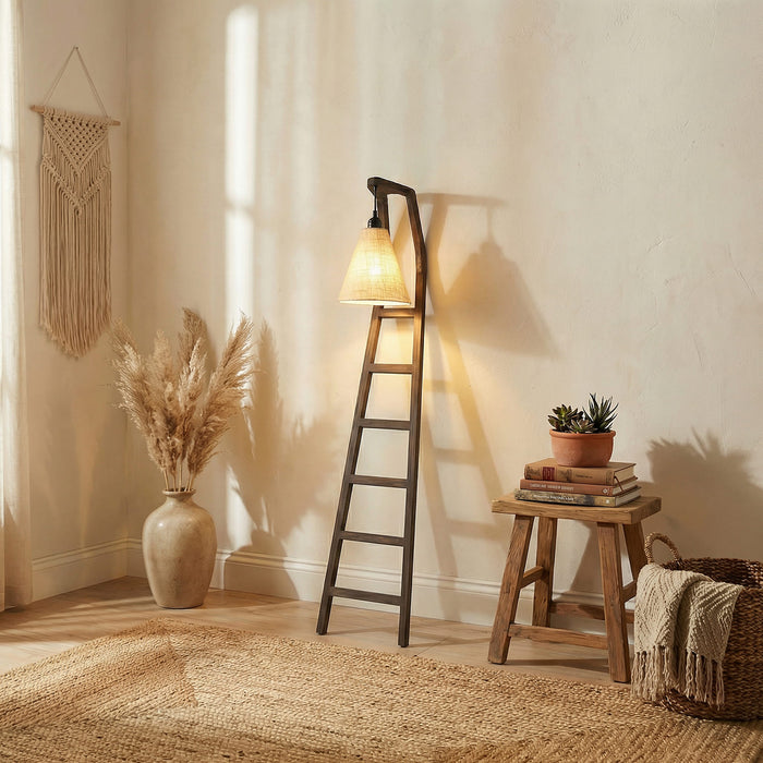 Stairway Wooden Floor Lamp with Brown Base and Jute Fabric Lampshade