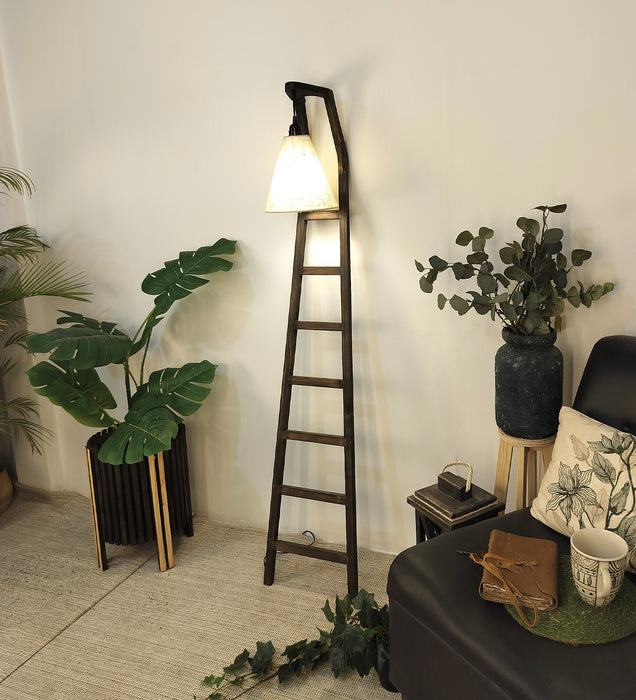 Stairway Wooden Floor Lamp with Brown Base and Jute Fabric Lampshade