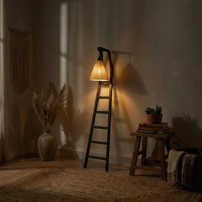 Stairway Wooden Floor Lamp with Brown Base and Jute Fabric Lampshade