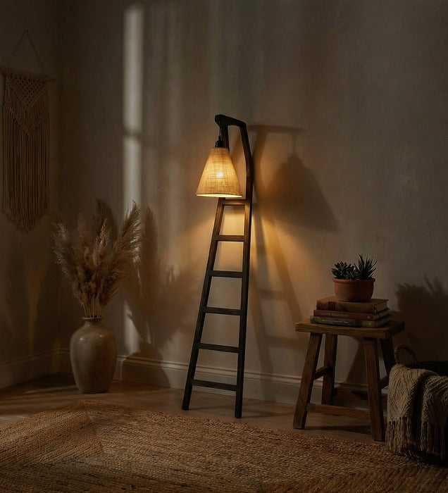 Stairway Wooden Floor Lamp with Brown Base and Jute Fabric Lampshade