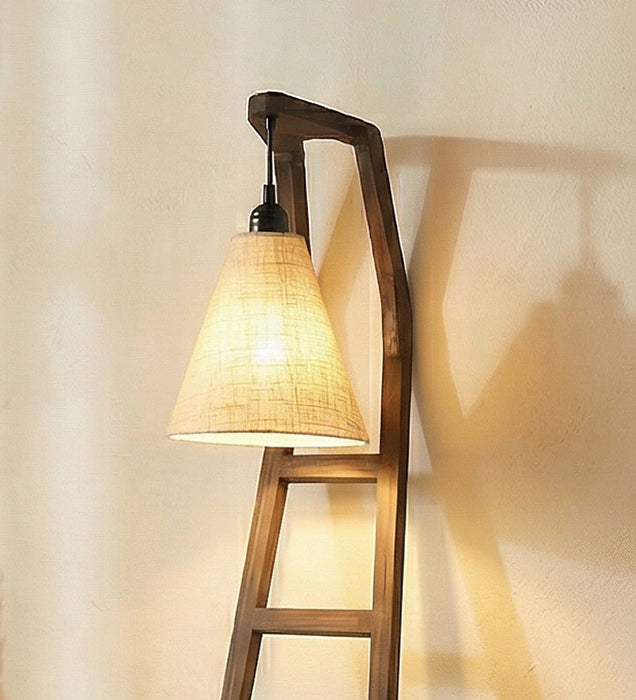 Stairway Wooden Floor Lamp with Brown Base and Jute Fabric Lampshade