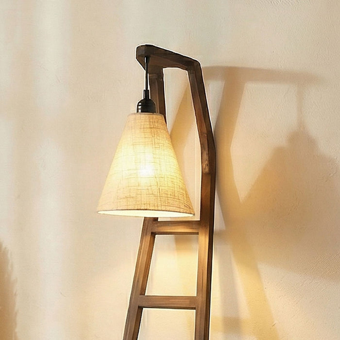 Stairway Wooden Floor Lamp with Brown Base and Jute Fabric Lampshade