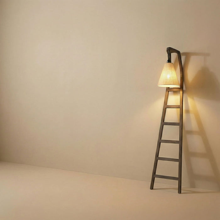 Stairway Wooden Floor Lamp with Brown Base and Jute Fabric Lampshade