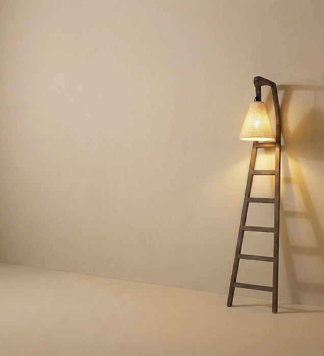 Stairway Wooden Floor Lamp with Brown Base and Jute Fabric Lampshade