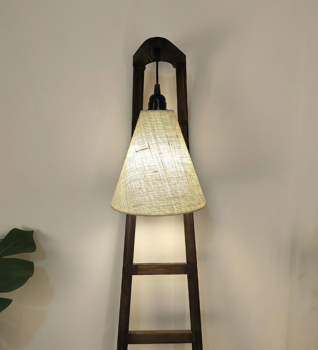 Stairway Wooden Floor Lamp with Brown Base and Jute Fabric Lampshade