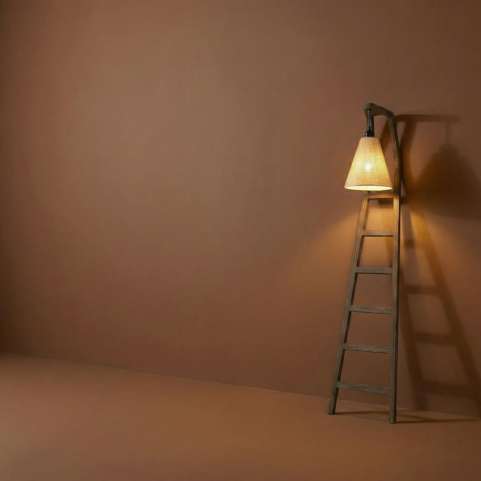 Stairway Wooden Floor Lamp with Brown Base and Jute Fabric Lampshade