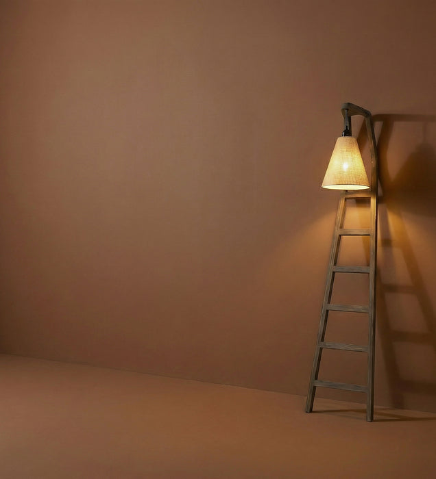 Stairway Wooden Floor Lamp with Brown Base and Jute Fabric Lampshade
