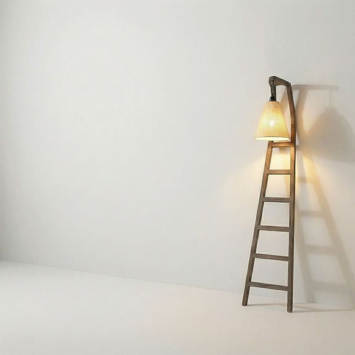 Stairway Wooden Floor Lamp with Brown Base and Jute Fabric Lampshade