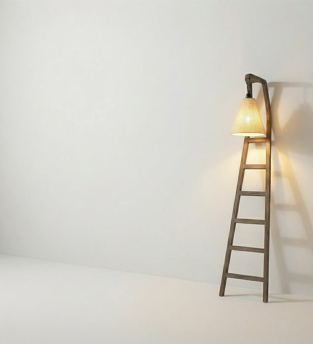 Stairway Wooden Floor Lamp with Brown Base and Jute Fabric Lampshade
