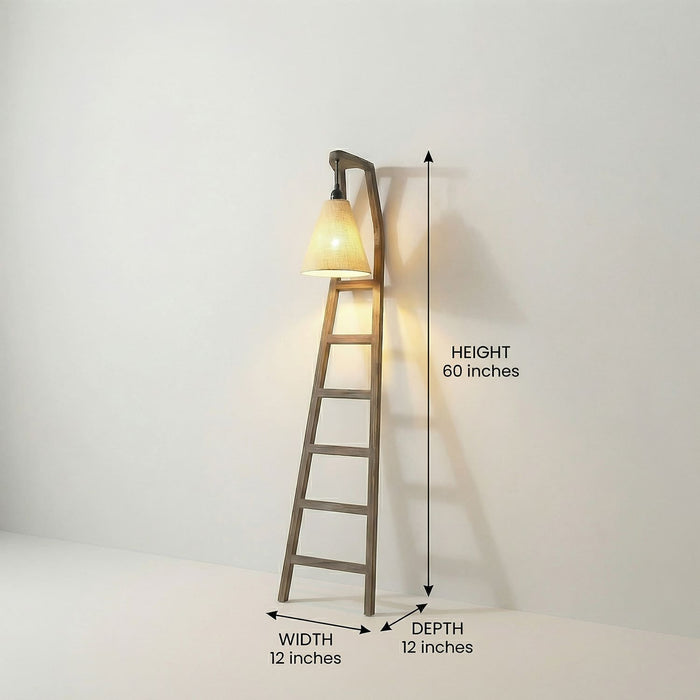 Stairway Wooden Floor Lamp with Brown Base and Jute Fabric Lampshade