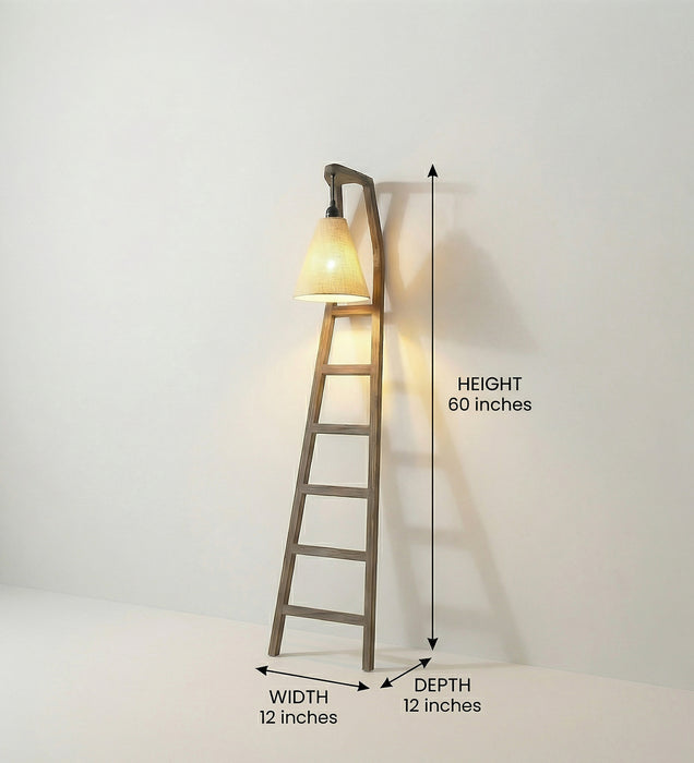 Stairway Wooden Floor Lamp with Brown Base and Jute Fabric Lampshade