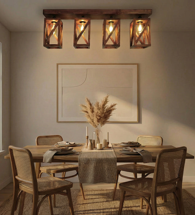 Symmetric Brown Wooden 4 Series Ceiling Lamp