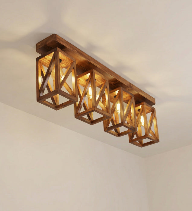 Symmetric Brown Wooden 4 Series Ceiling Lamp