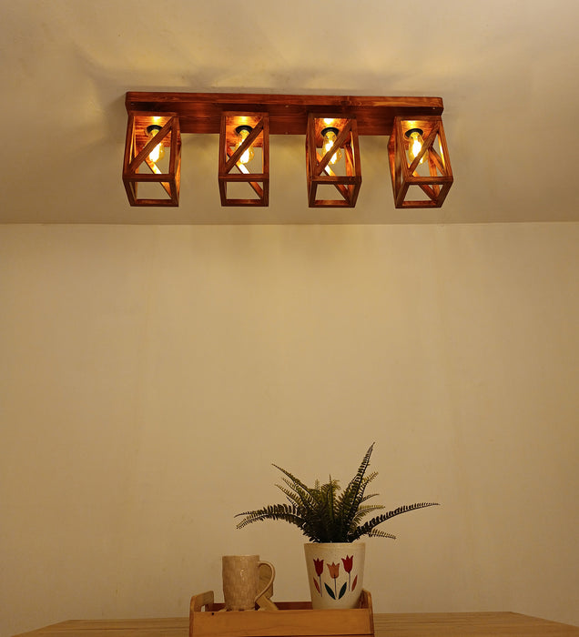 Symmetric Brown Wooden 4 Series Ceiling Lamp