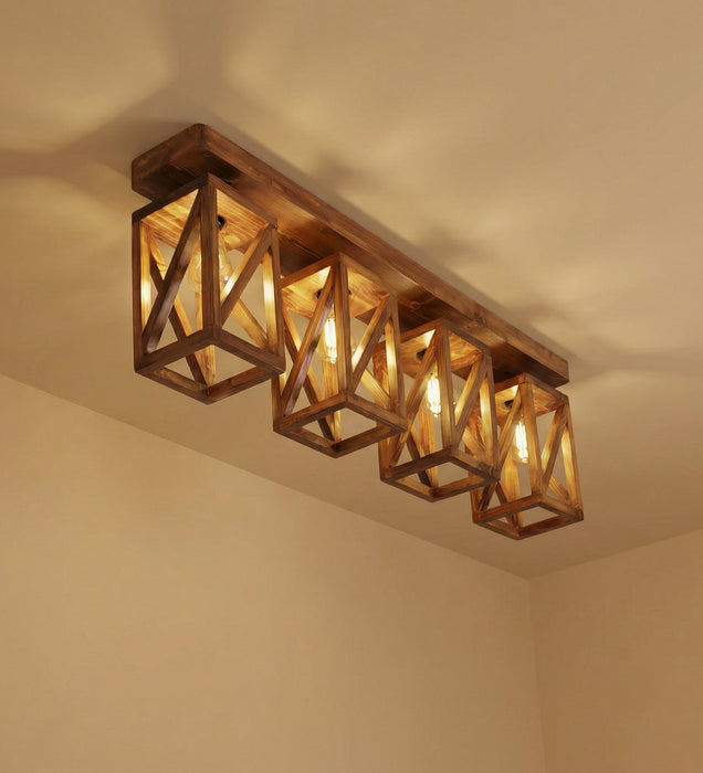 Symmetric Brown Wooden 4 Series Ceiling Lamp