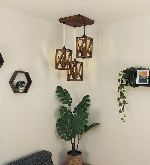 Symmetric Brown Wooden Cluster hanging Lamp