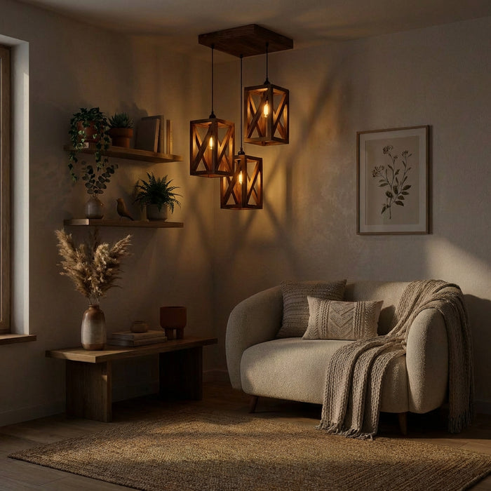 Symmetric Brown Wooden Cluster hanging Lamp