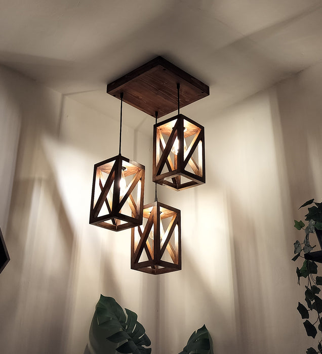 Symmetric Brown Wooden Cluster hanging Lamp