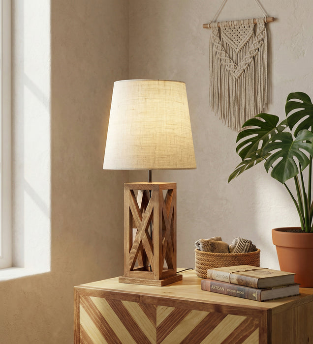 Symmetric Brown Wooden Table Lamp with Black Fabric Lampshade