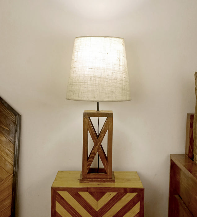 Symmetric Brown Wooden Table Lamp with Black Fabric Lampshade