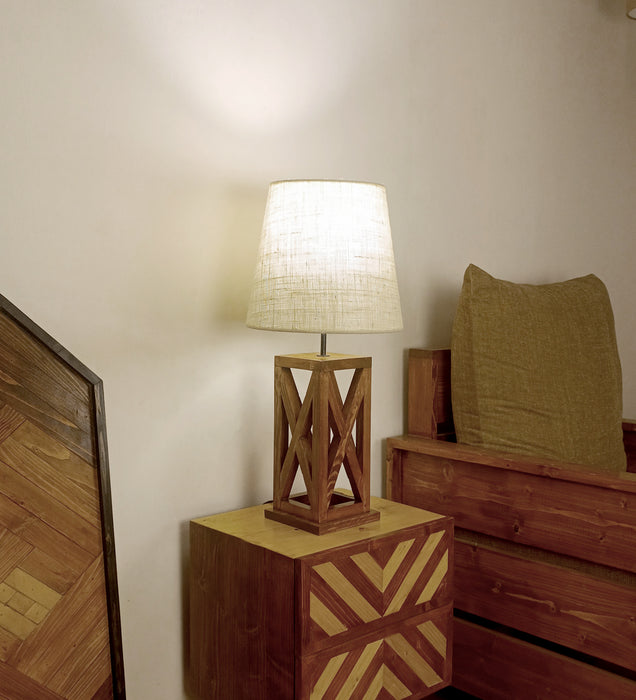 Symmetric Brown Wooden Table Lamp with Black Fabric Lampshade