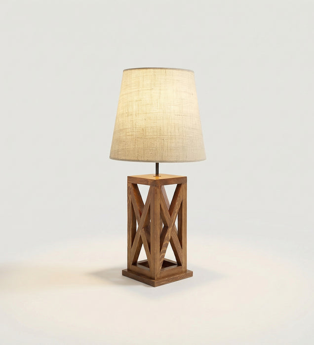 Symmetric Brown Wooden Table Lamp with Black Fabric Lampshade