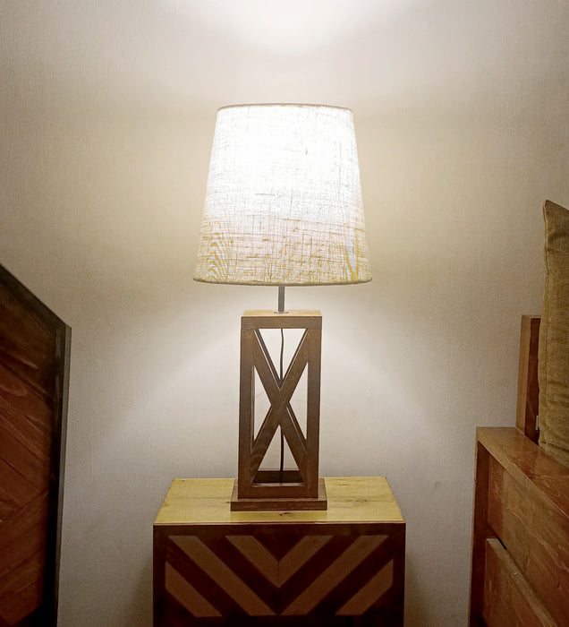 Symmetric Brown Wooden Table Lamp with Black Fabric Lampshade