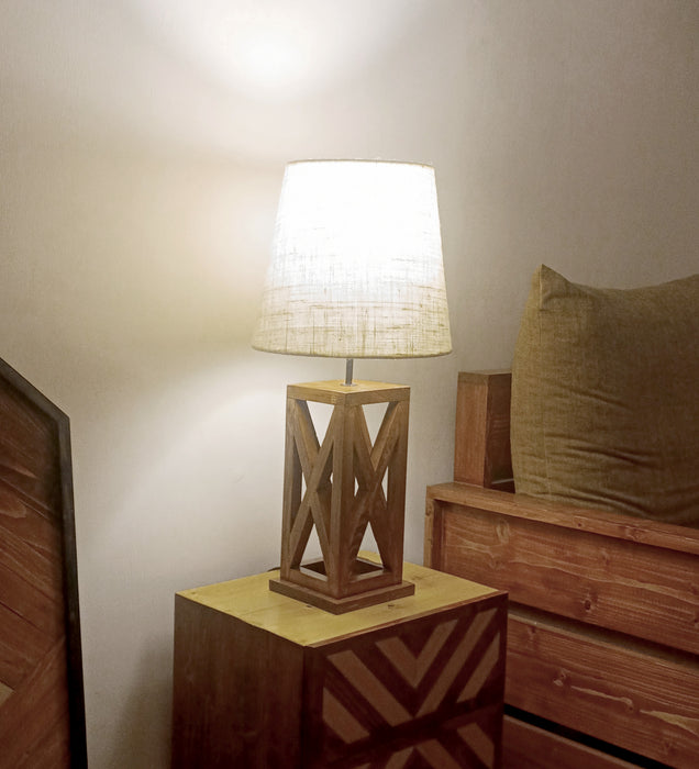 Symmetric Brown Wooden Table Lamp with Black Fabric Lampshade