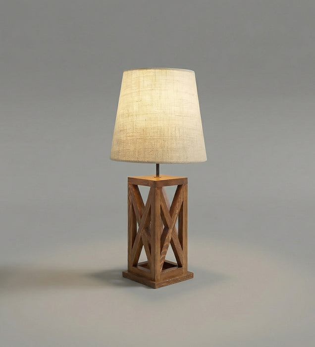 Symmetric Brown Wooden Table Lamp with Black Fabric Lampshade