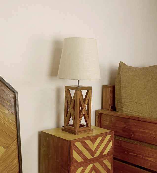 Symmetric Brown Wooden Table Lamp with Black Fabric Lampshade