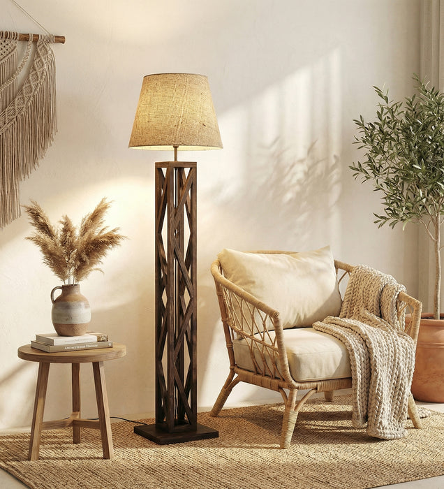 Symmetric Wooden Floor Lamp With Brown Base and Beige Fabric Lampshade