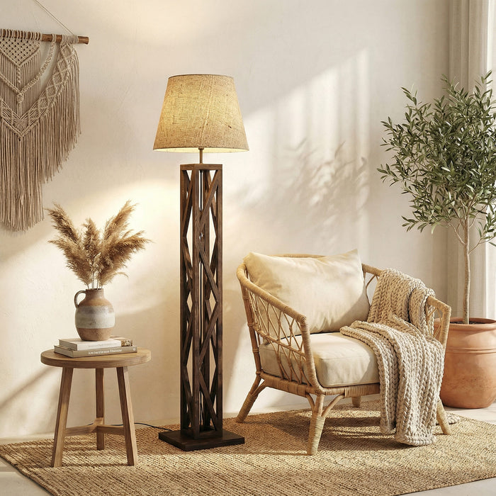Symmetric Wooden Floor Lamp With Brown Base and Beige Fabric Lampshade