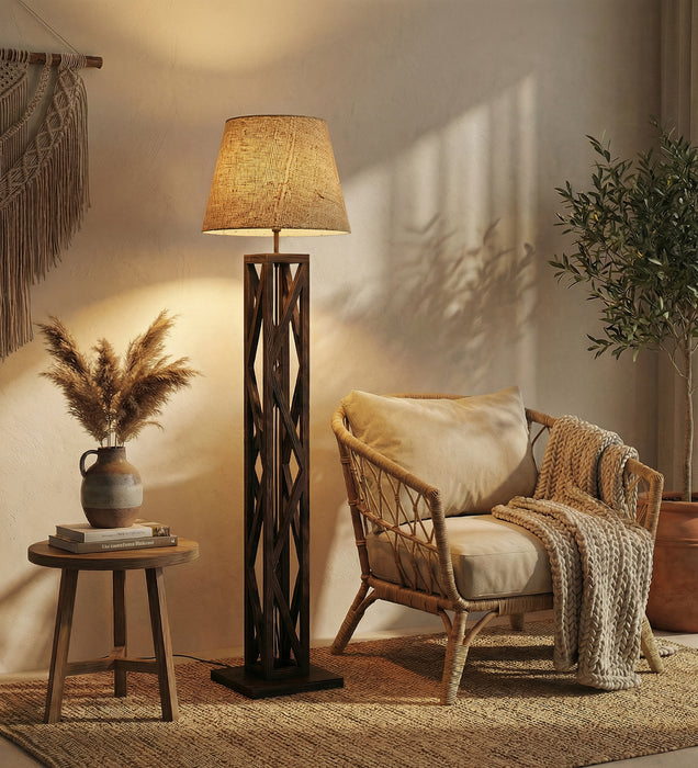 Symmetric Wooden Floor Lamp With Brown Base and Beige Fabric Lampshade
