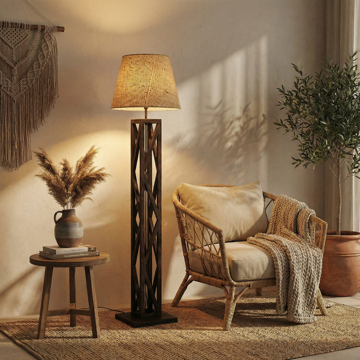 Symmetric Wooden Floor Lamp With Brown Base and Beige Fabric Lampshade