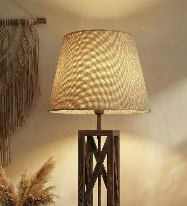 Symmetric Wooden Floor Lamp With Brown Base and Beige Fabric Lampshade