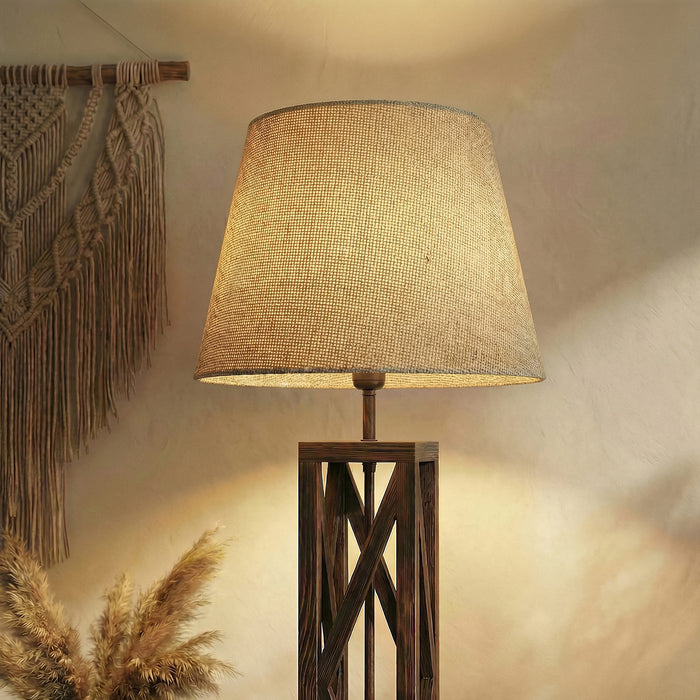 Symmetric Wooden Floor Lamp With Brown Base and Beige Fabric Lampshade