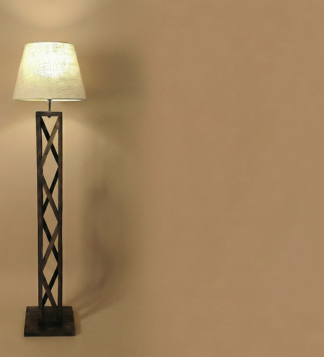 Symmetric Wooden Floor Lamp With Brown Base and Beige Fabric Lampshade