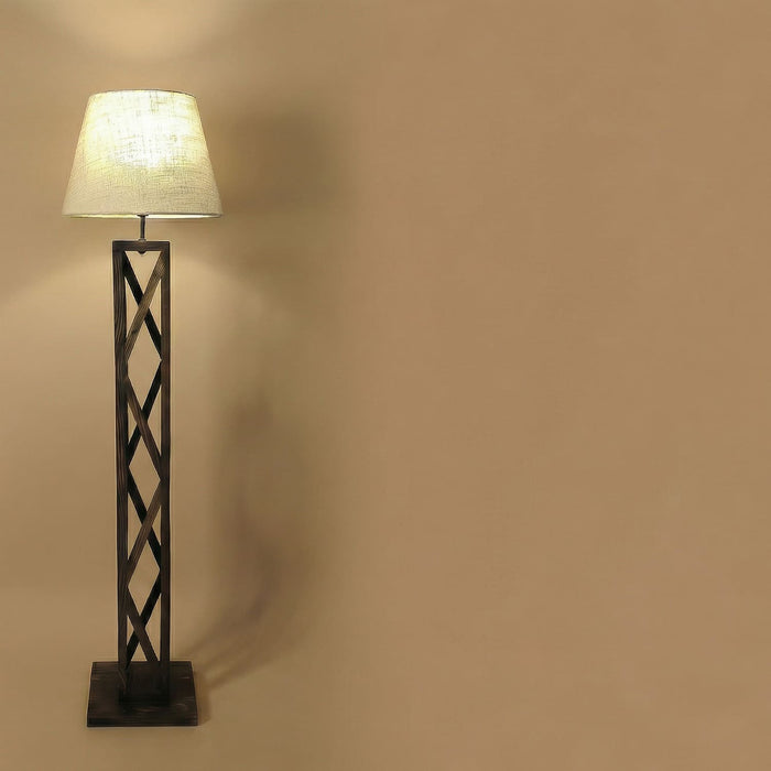 Symmetric Wooden Floor Lamp With Brown Base and Beige Fabric Lampshade