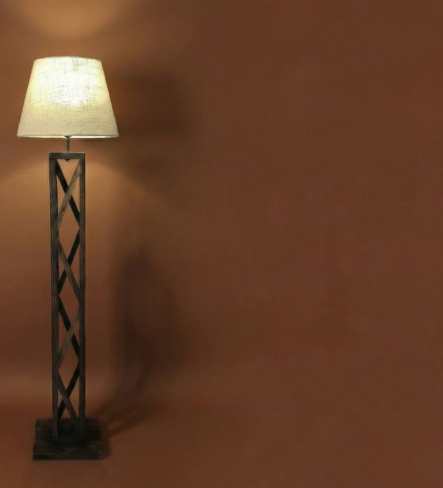 Symmetric Wooden Floor Lamp With Brown Base and Beige Fabric Lampshade